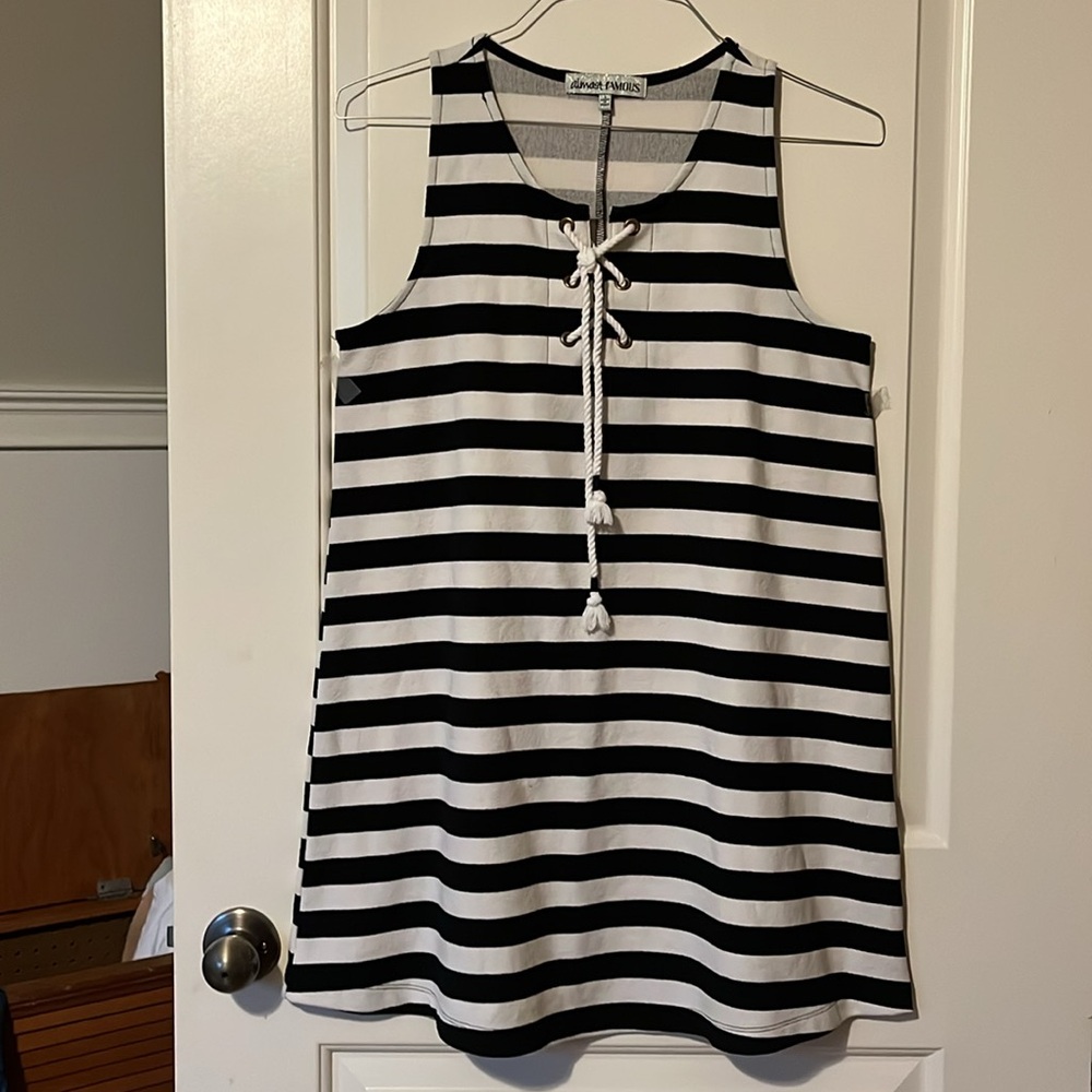 Black white striped tunic lace up front closure